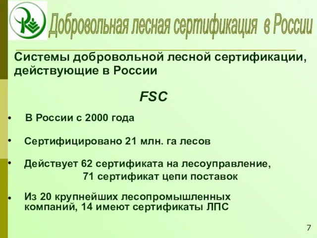 Добровольная лесная сертификация в России В России с 2000 года Системы добровольной