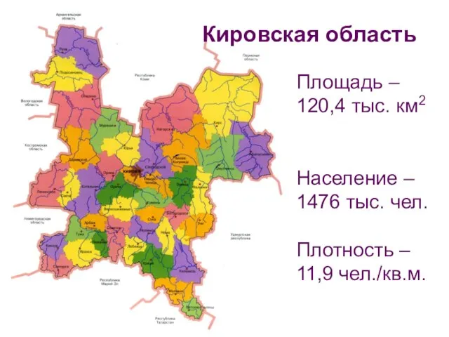 Площадь – 120,4 тыс. км2 Население – 1476 тыс. чел. Плотность – 11,9 чел./кв.м. Кировская область
