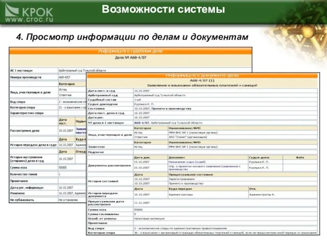 Возможности системы 4. Просмотр информации по делам и документам