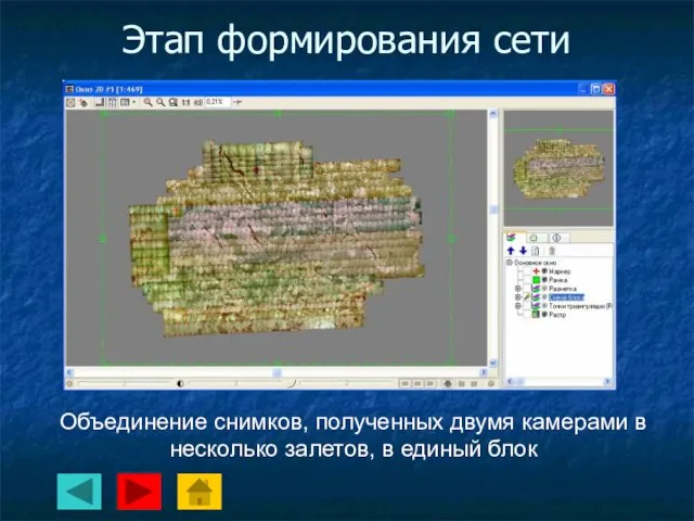 Этап формирования сети Объединение снимков, полученных двумя камерами в несколько залетов, в единый блок