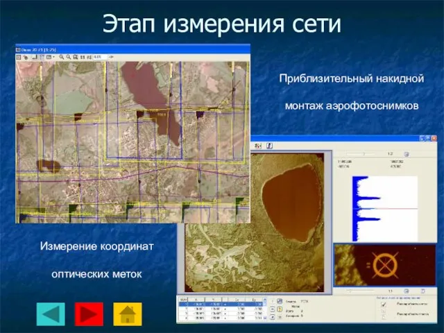 Этап измерения сети Приблизительный накидной монтаж аэрофотоснимков Измерение координат оптических меток