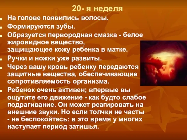 20- я неделя На голове появились волосы. Формируются зубы. Образуется первородная смазка