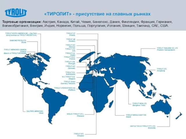 «ТИРОЛИТ» - присутствие на главных рынках Торговые организации: Австрия, Канада, Китай, Чехия,