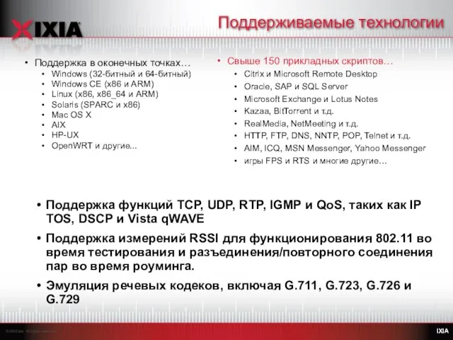 Поддерживаемые технологии Поддержка функций TCP, UDP, RTP, IGMP и QoS, таких как