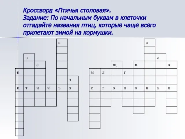 Кроссворд «Птичья столовая». Задание: По начальным буквам в клеточки отгадайте названия птиц,