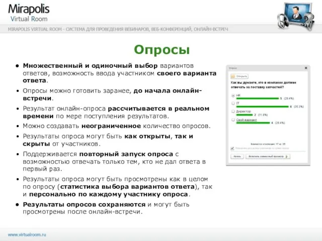 Опросы Множественный и одиночный выбор вариантов ответов, возможность ввода участником своего варианта