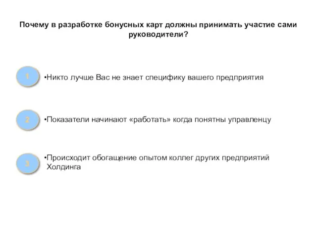 Почему в разработке бонусных карт должны принимать участие сами руководители? 1 Никто