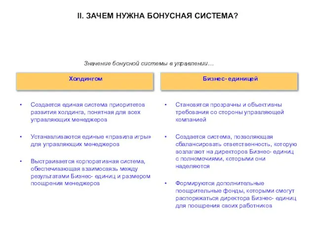 II. ЗАЧЕМ НУЖНА БОНУСНАЯ СИСТЕМА? Холдингом Создается единая система приоритетов развития холдинга,