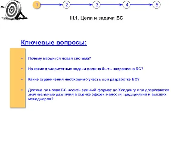 III.1. Цели и задачи БС 1 2 3 4 5 Ключевые вопросы: