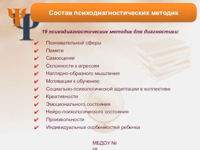 Ψ Состав психодиагностических методик 19 психодиагностических методик для диагностики: Познавательной сферы Памяти