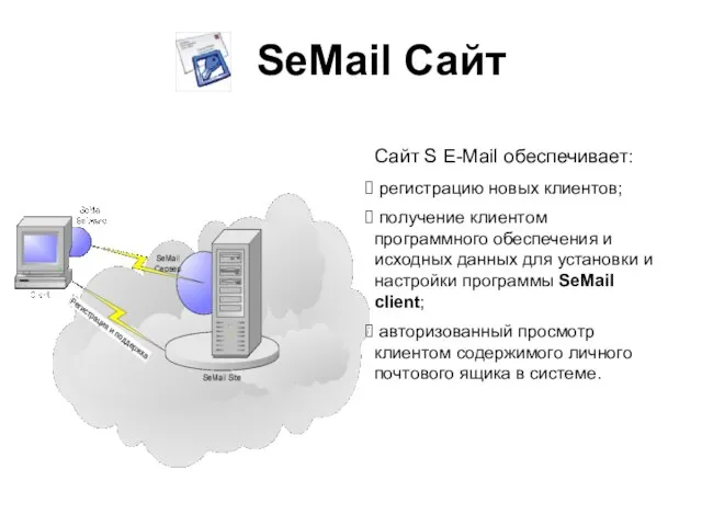 SeMail Сайт Сайт S E-Mail обеспечивает: регистрацию новых клиентов; получение клиентом программного