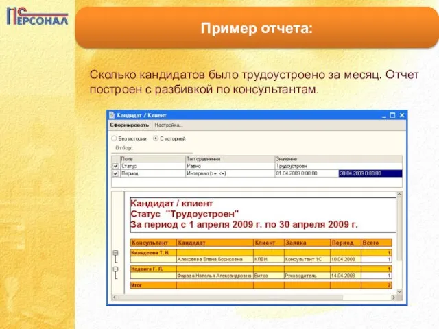 Пример отчета: Сколько кандидатов было трудоустроено за месяц. Отчет построен с разбивкой по консультантам.