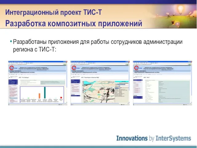 Интеграционный проект ТИС-Т Разработка композитных приложений Разработаны приложения для работы сотрудников администрации региона с ТИС-Т: