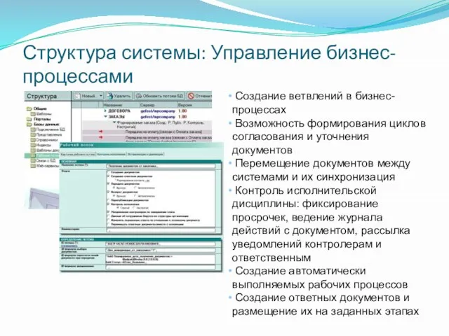 Структура системы: Управление бизнес-процессами Создание ветвлений в бизнес-процессах Возможность формирования циклов согласования