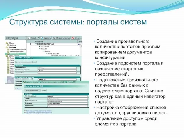 Структура системы: порталы систем Создание произвольного количества порталов простым копированием документов конфигурации