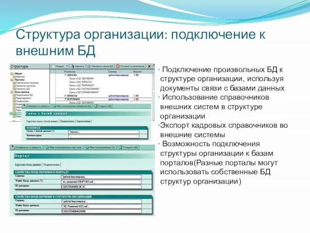 Структура организации: подключение к внешним БД Подключение произвольных БД к структуре организации,