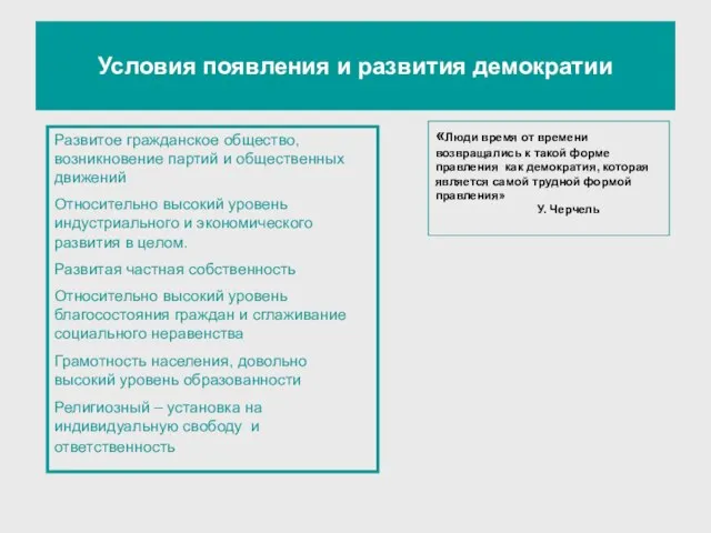 Условия появления и развития демократии «Люди время от времени возвращались к такой