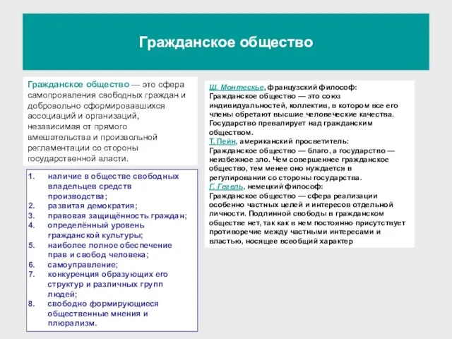 Гражданское общество Ш. Монтескье, французский философ: Гражданское общество — это союз индивидуальностей,