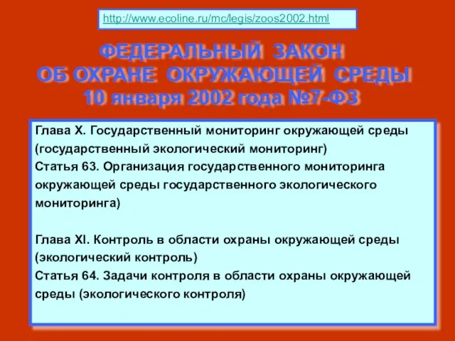 Глава X. Государственный мониторинг окружающей среды (государственный экологический мониторинг) Статья 63. Организация