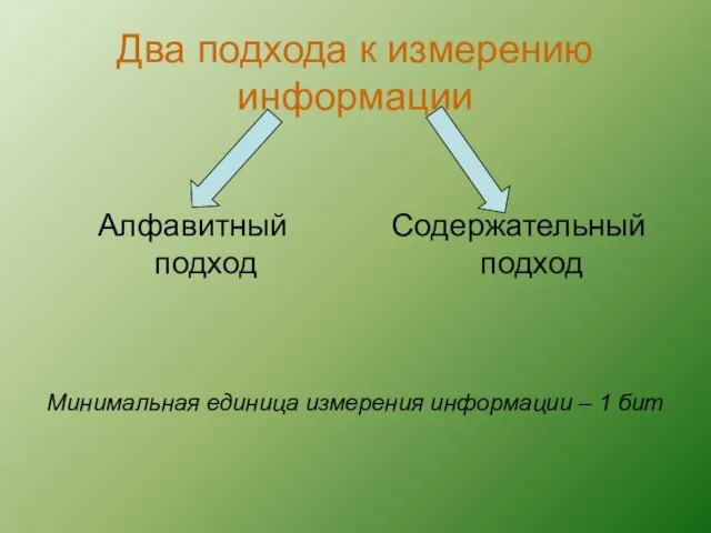 Два подхода к измерению информации Алфавитный подход Содержательный подход Минимальная единица измерения информации – 1 бит