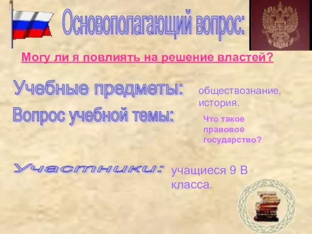 Основополагающий вопрос: Могу ли я повлиять на решение властей? Учебные предметы: обществознание,