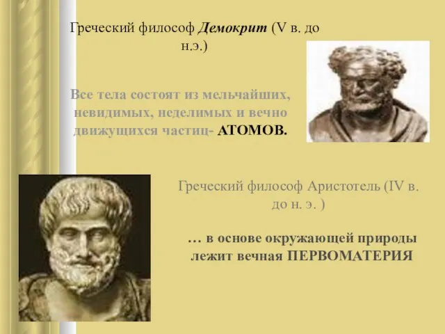 Греческий философ Демокрит (V в. до н.э.) Все тела состоят из мельчайших,