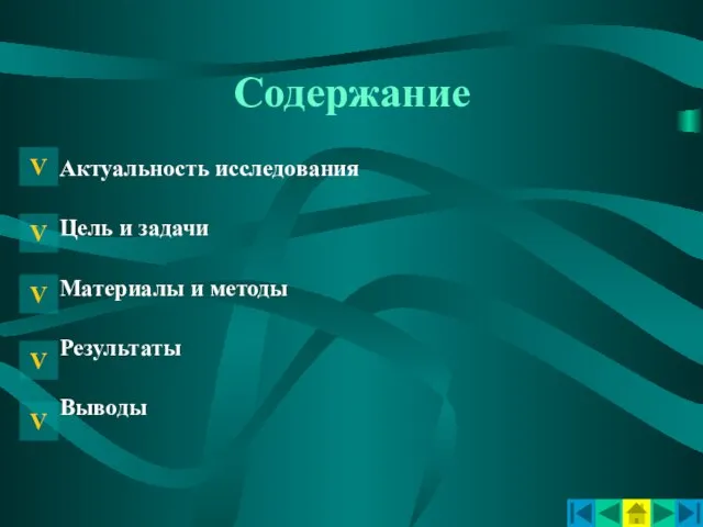 Содержание Актуальность исследования Цель и задачи Материалы и методы Результаты Выводы V V V V V