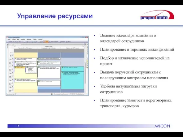 Управление ресурсами Ведение календаря компании и календарей сотрудников Планирование в терминах квалификаций