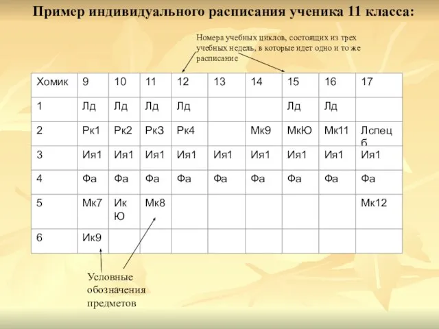 Пример индивидуального расписания ученика 11 класса: Номера учебных циклов, состоящих из трех