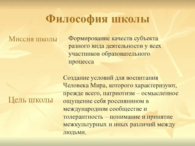 Философия школы Миссия школы Формирование качеств субъекта разного вида деятельности у всех