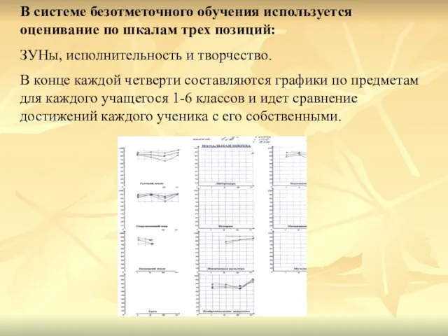 В системе безотметочного обучения используется оценивание по шкалам трех позиций: ЗУНы, исполнительность