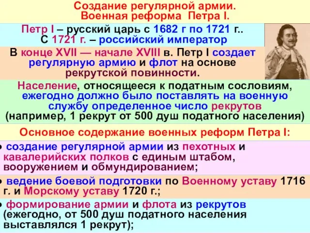 Создание регулярной армии. Военная реформа Петра I. Петр I – русский царь