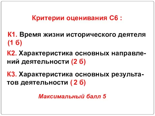 Критерии оценивания С6 : К1. Время жизни исторического деятеля (1 б) К2.
