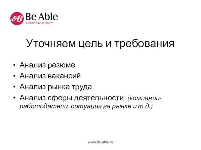 Уточняем цель и требования Анализ резюме Анализ вакансий Анализ рынка труда Анализ