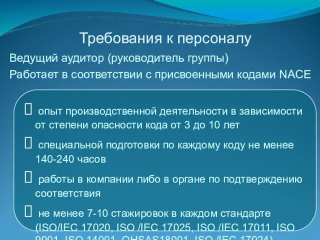 Требования к персоналу Ведущий аудитор (руководитель группы) Работает в соответствии с присвоенными