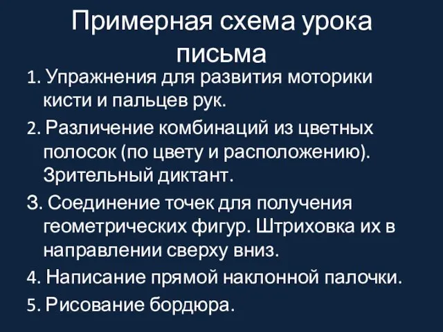 Примерная схема урока письма 1. Упражнения для развития моторики кисти и пальцев