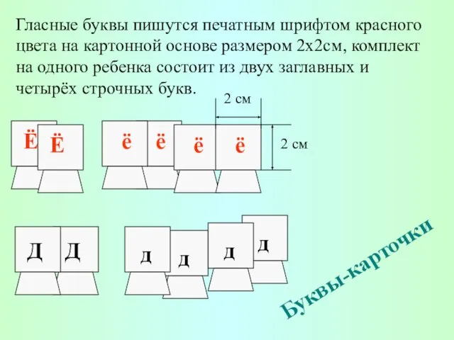 Буквы-карточки 2 см 2 см Гласные буквы пишутся печатным шрифтом красного цвета