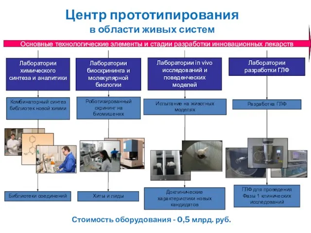 Основные технологические элементы и стадии разработки инновационных лекарств Лаборатории биоскрининга и молекулярной