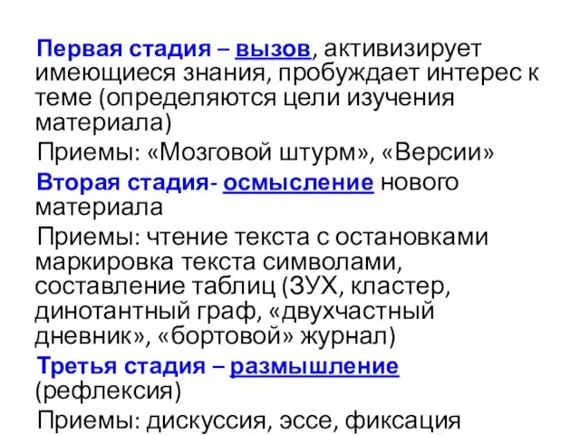 Первая стадия – вызов, активизирует имеющиеся знания, пробуждает интерес к теме (определяются