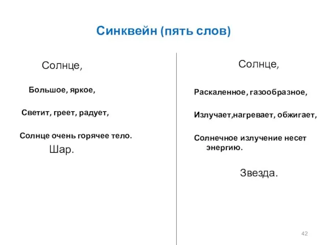 Синквейн (пять слов) Солнце, Большое, яркое, Светит, греет, радует, Солнце очень горячее