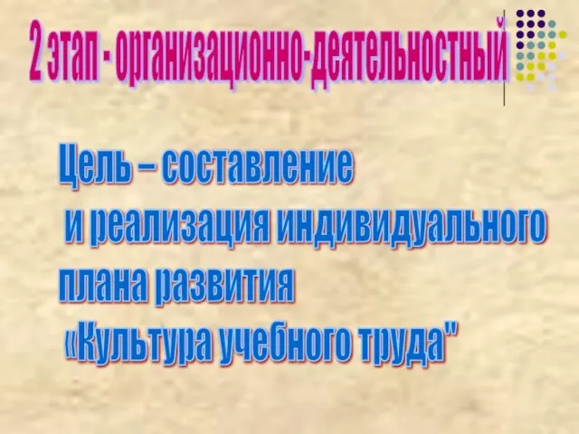 2 этап - организационно-деятельностный Цель – составление и реализация индивидуального плана развития «Культура учебного труда"