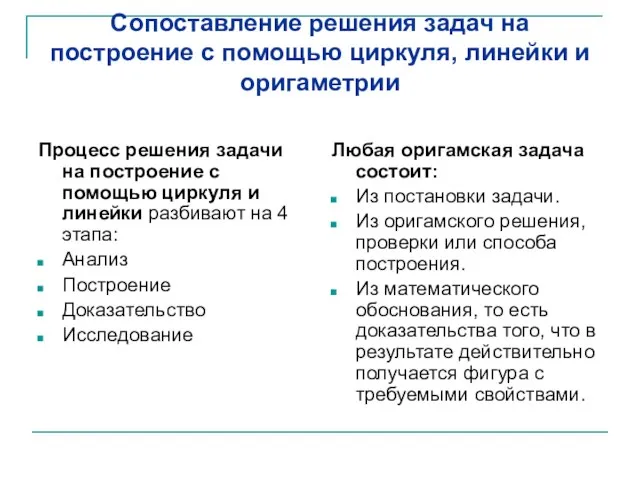 Сопоставление решения задач на построение с помощью циркуля, линейки и оригаметрии Процесс