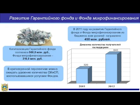Развитие Гарантийного фонда и Фонда микрофинансирования В 2011 году на развитие Гарантийного