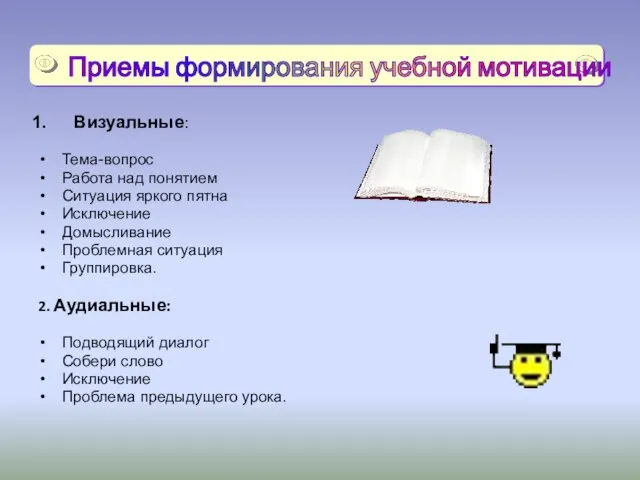 Визуальные: Тема-вопрос Работа над понятием Ситуация яркого пятна Исключение Домысливание Проблемная ситуация