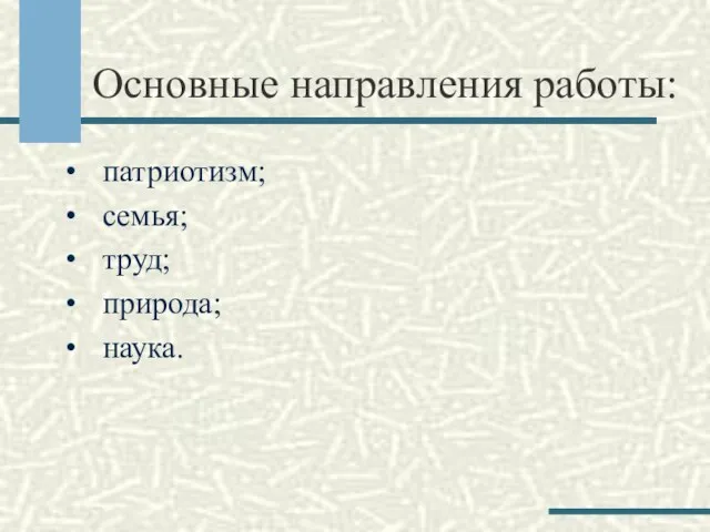 Основные направления работы: патриотизм; семья; труд; природа; наука.