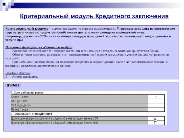 Критериальный модуль Кредитного заключения Критериальный модуль – оценка заемщика по отраслевым критериям.