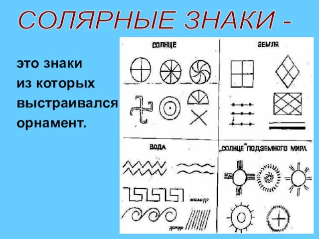 это знаки из которых выстраивался орнамент. СОЛЯРНЫЕ ЗНАКИ -