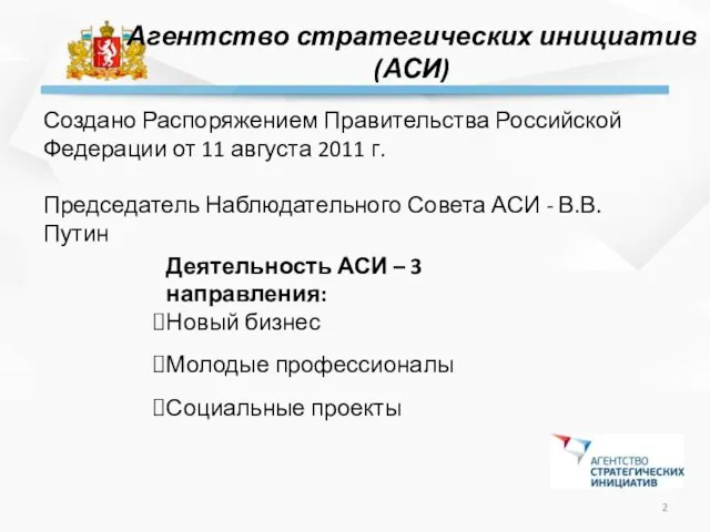 Агентство стратегических инициатив (АСИ) Создано Распоряжением Правительства Российской Федерации от 11 августа