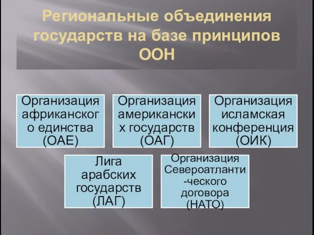 Региональные объединения государств на базе принципов ООН Организация африканского единства (ОАЕ) Организация