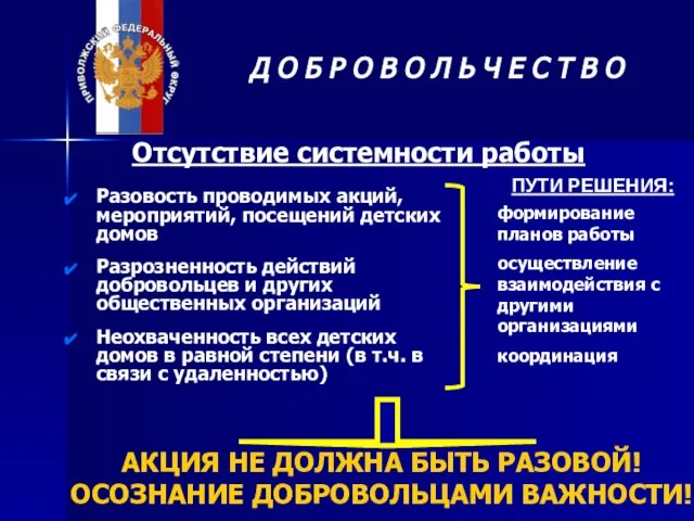 Отсутствие системности работы Разовость проводимых акций, мероприятий, посещений детских домов Разрозненность действий